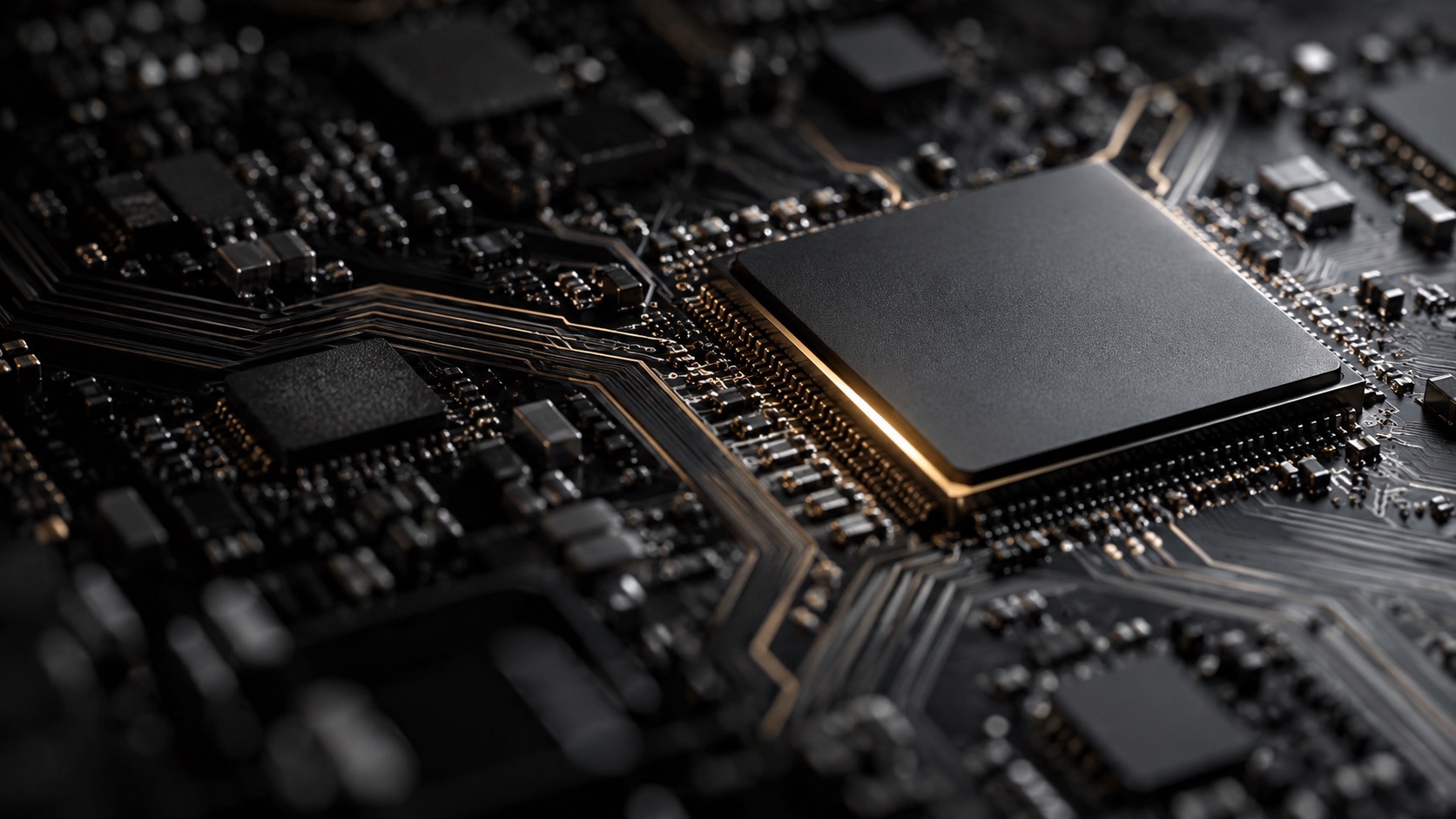 Macro view of a processor with gold circuit traces