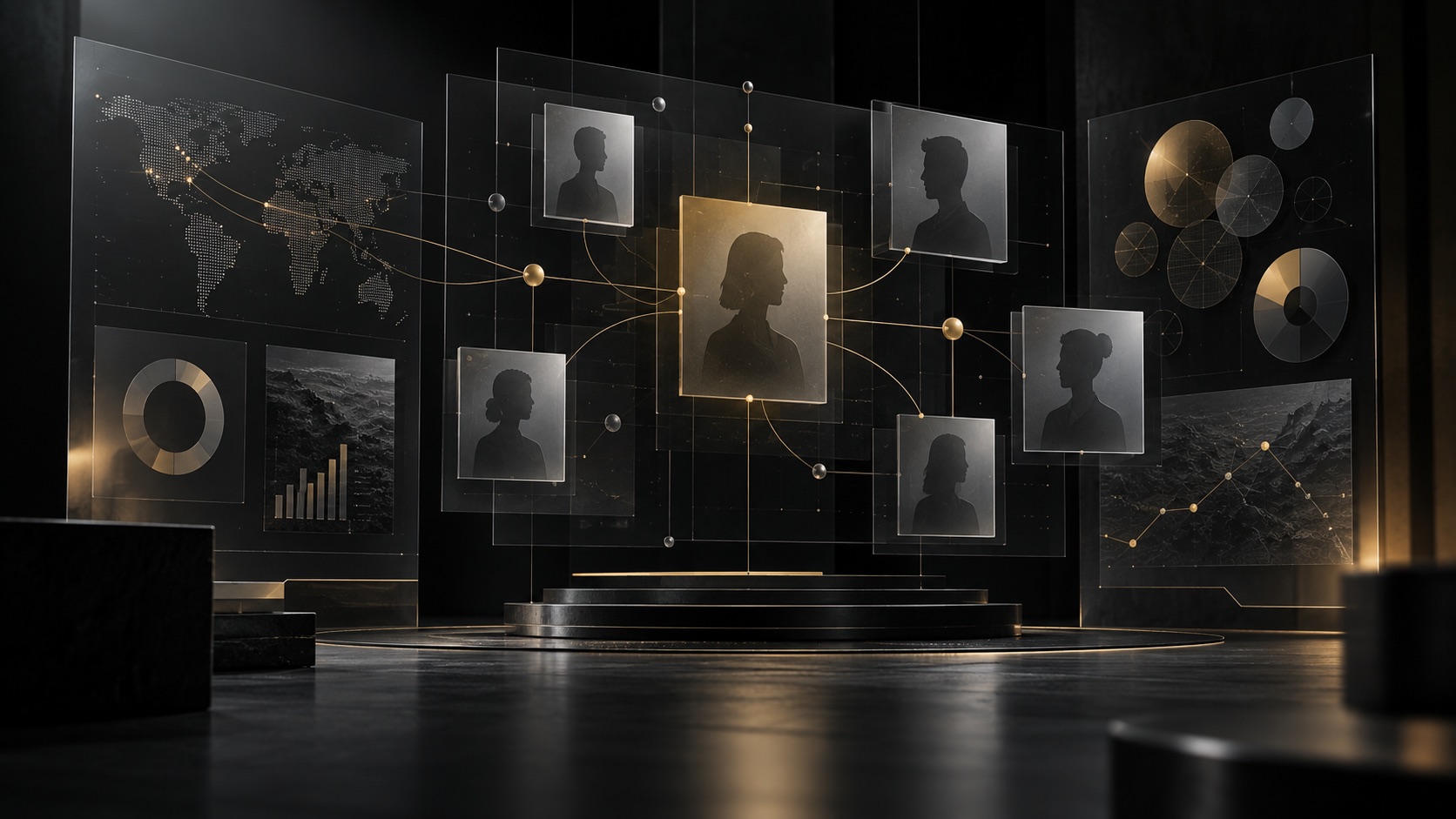 Abstract audience segments connected across dark strategic panels