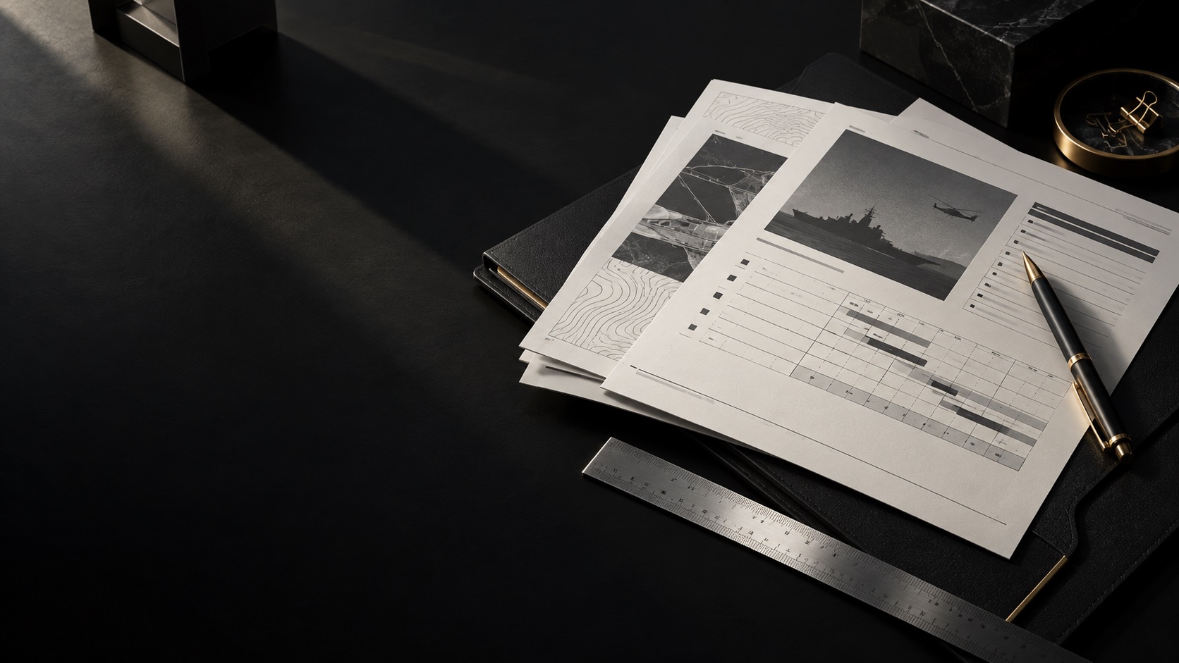 Layered bid documents, compliance grids and a precision ruler on a dark desk