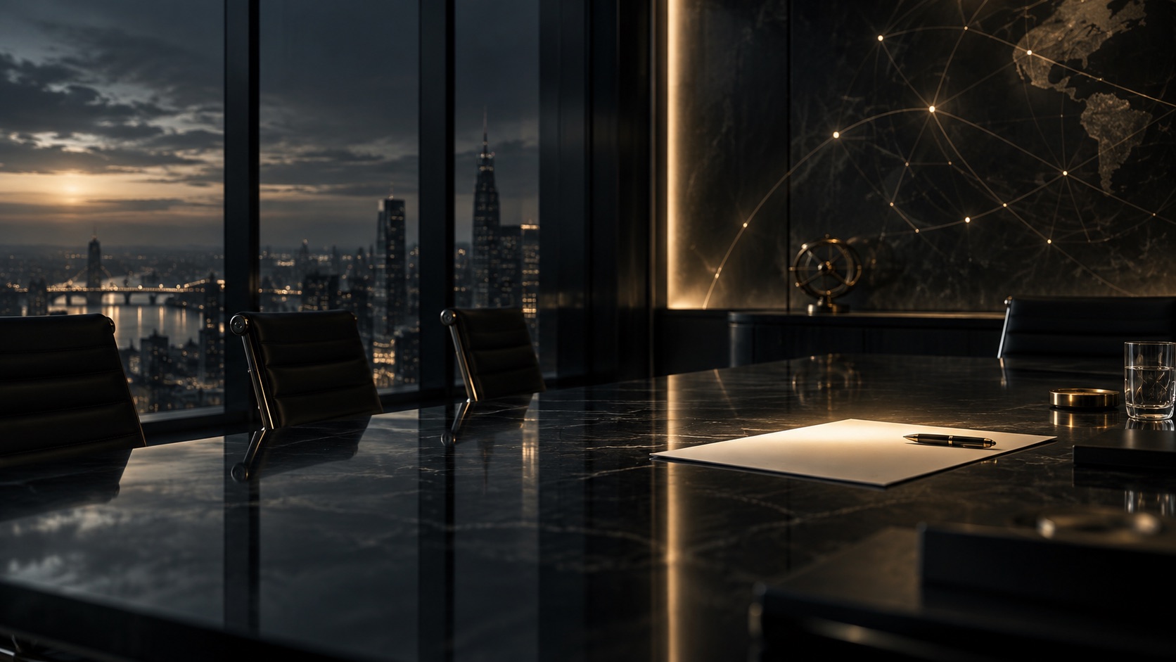 Dark glass boardroom with a lit page and strategy map