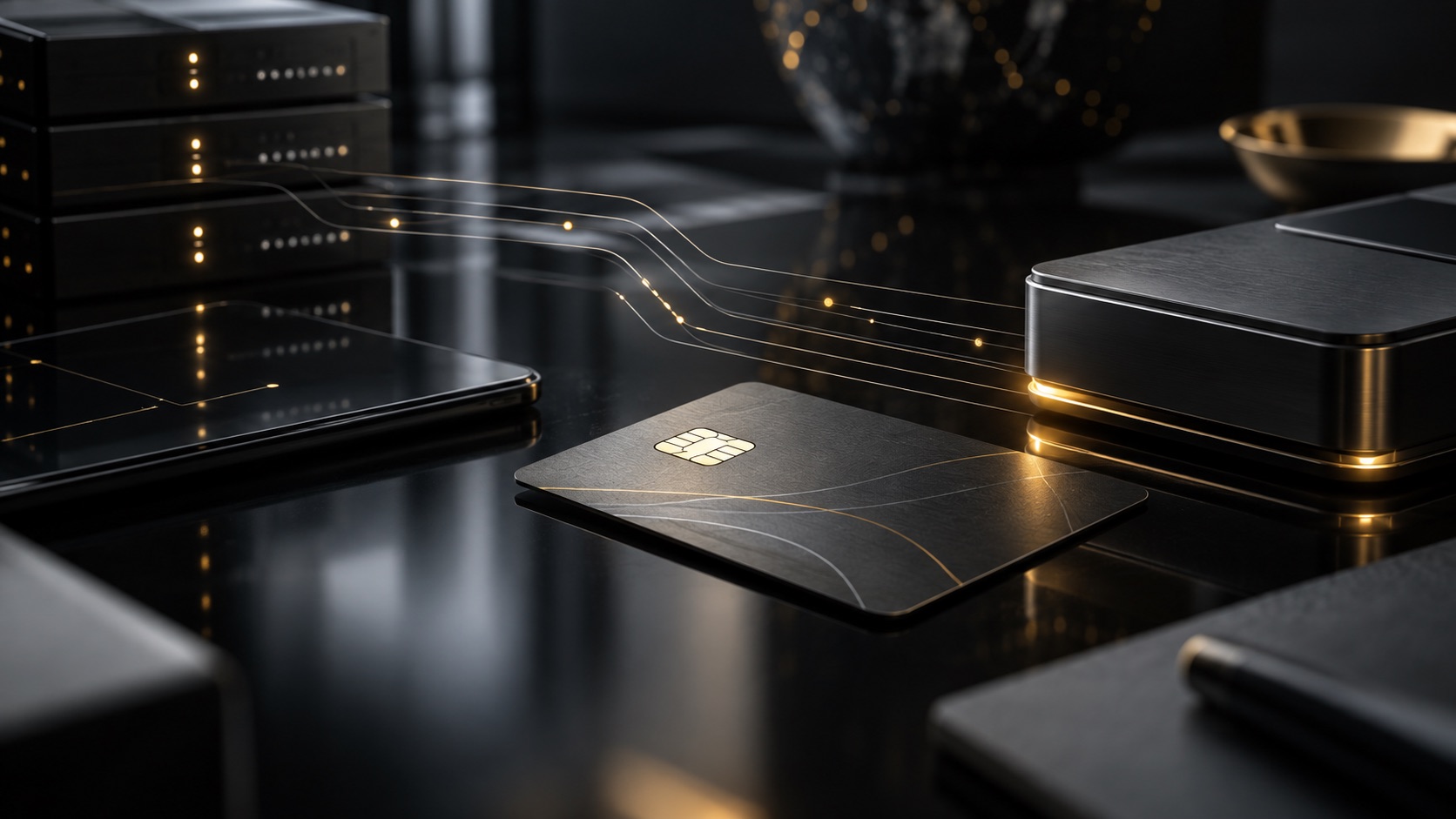 Dark fintech infrastructure with connected payment lines and a subtle gold accent