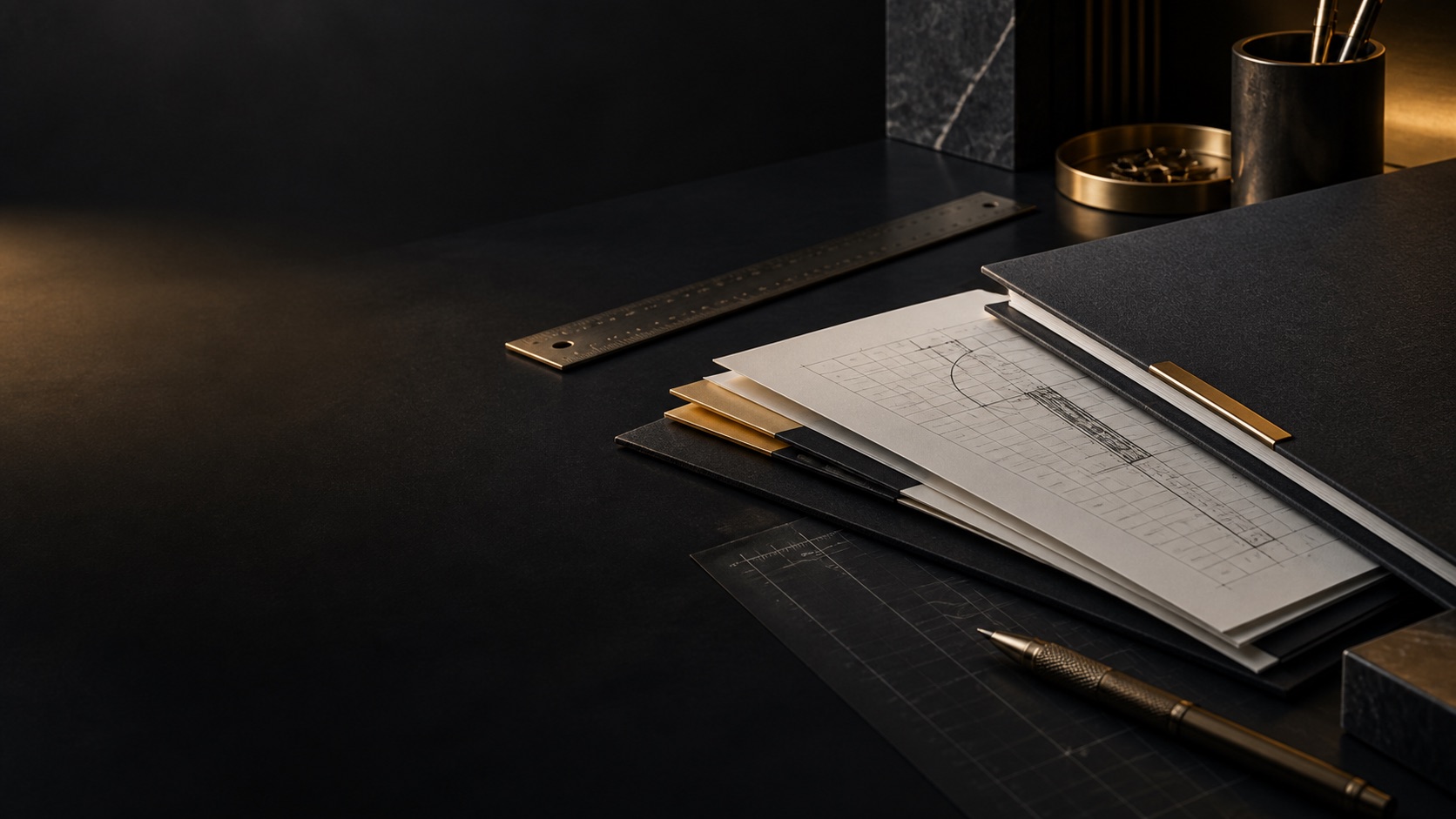 Dark technical documents, graphite folders and a precision ruler